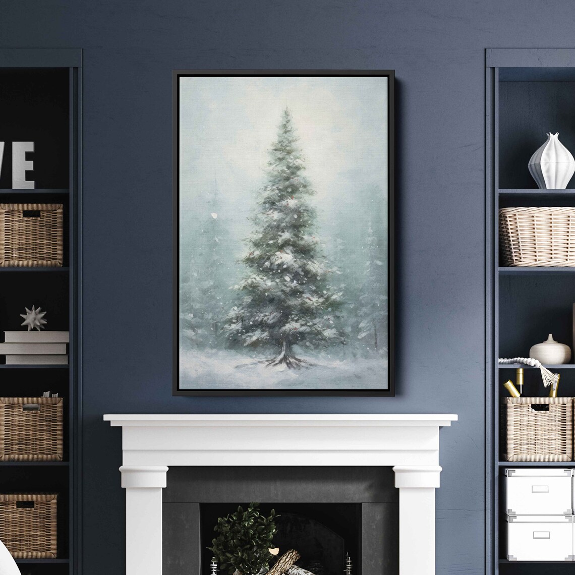 Snowy Winter Tree Acrylic Painting Muted Blue Grey Frosty Nature Art