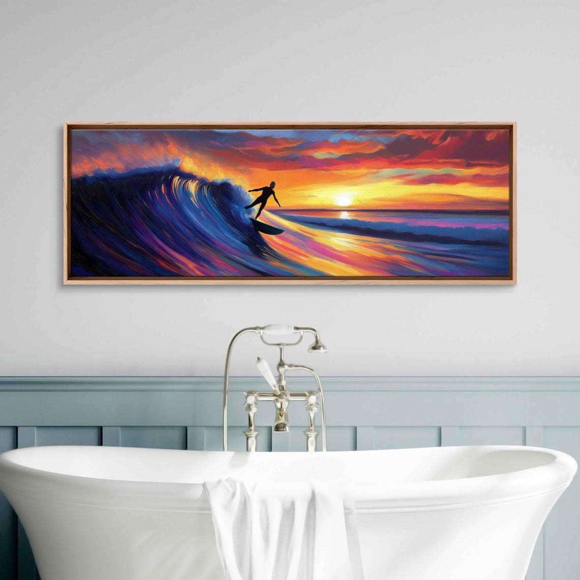 Surfer Catching Wave During Dramatic Sunset Wall Art Print Gift For Surfer Blue Water Vibrant Colors Ready To Hang