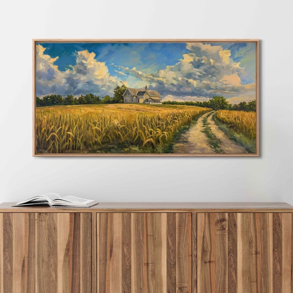 Farmhouse With Crop Field Landscape Painting Blue Cloudy Sky Lush Greenery Wall Art Print Ready To Hang