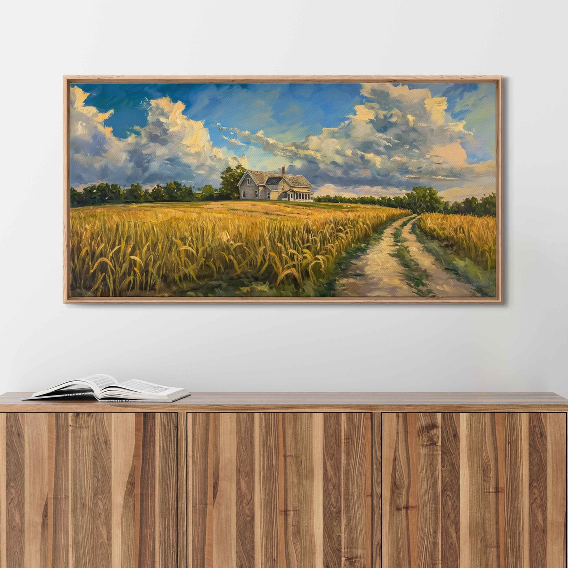 Golden Wheat Field Farmhouse Path Towering Clouds Blue Sky Painting