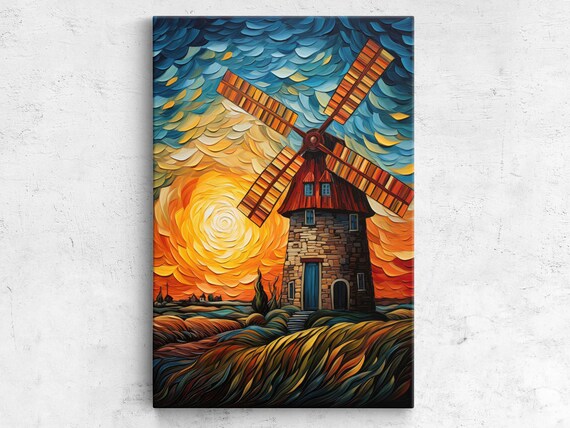 Van Gogh Inspired Windmill Painting Swirling Sunset Starry Sky Poster
