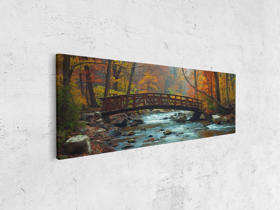 Autumn Forest River Wooden Bridge Fall Foliage Panoramic Poster - Image 4