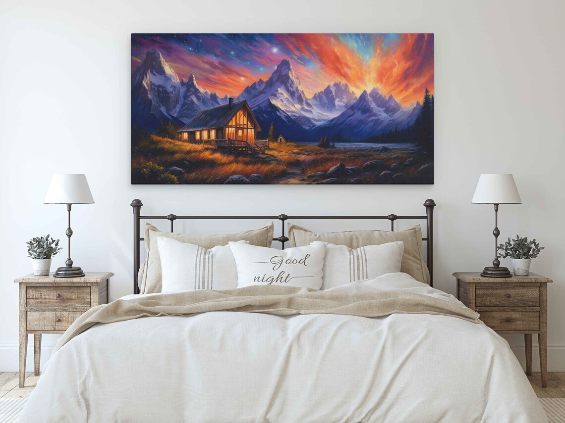 Cozy Lit Cabin Colorful Dusk Sky Snowy Mountain Peaks Landscape Poster - Image 3