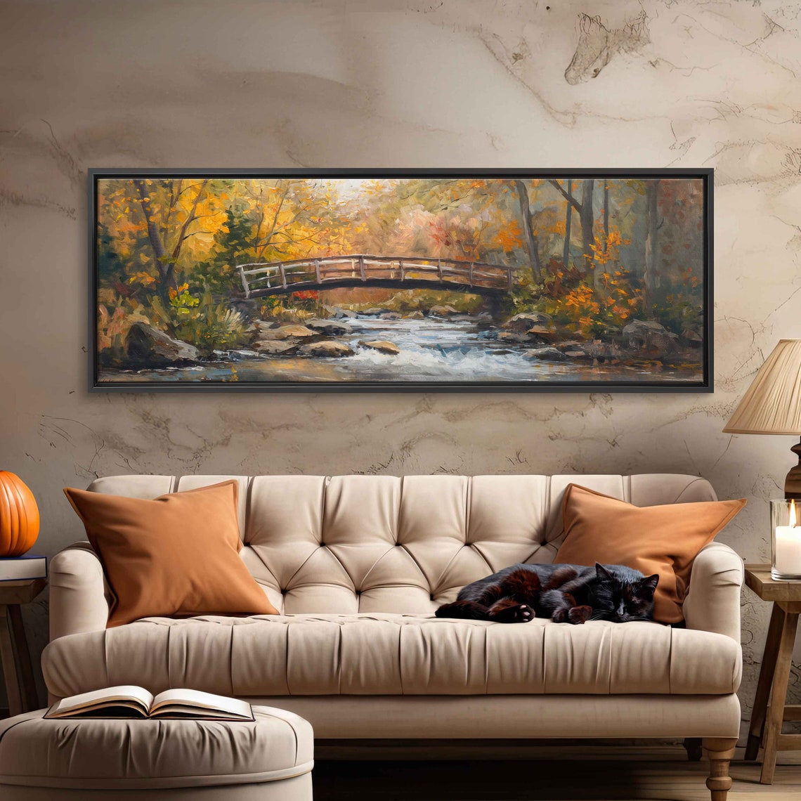 Autumn Forest Stream Wooden Bridge Golden Fall Oil Painting Poster