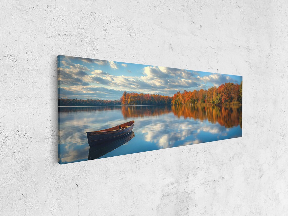 Canoe On Calm Autumn Lake With Mirror Reflections Nature Poster - Image 4
