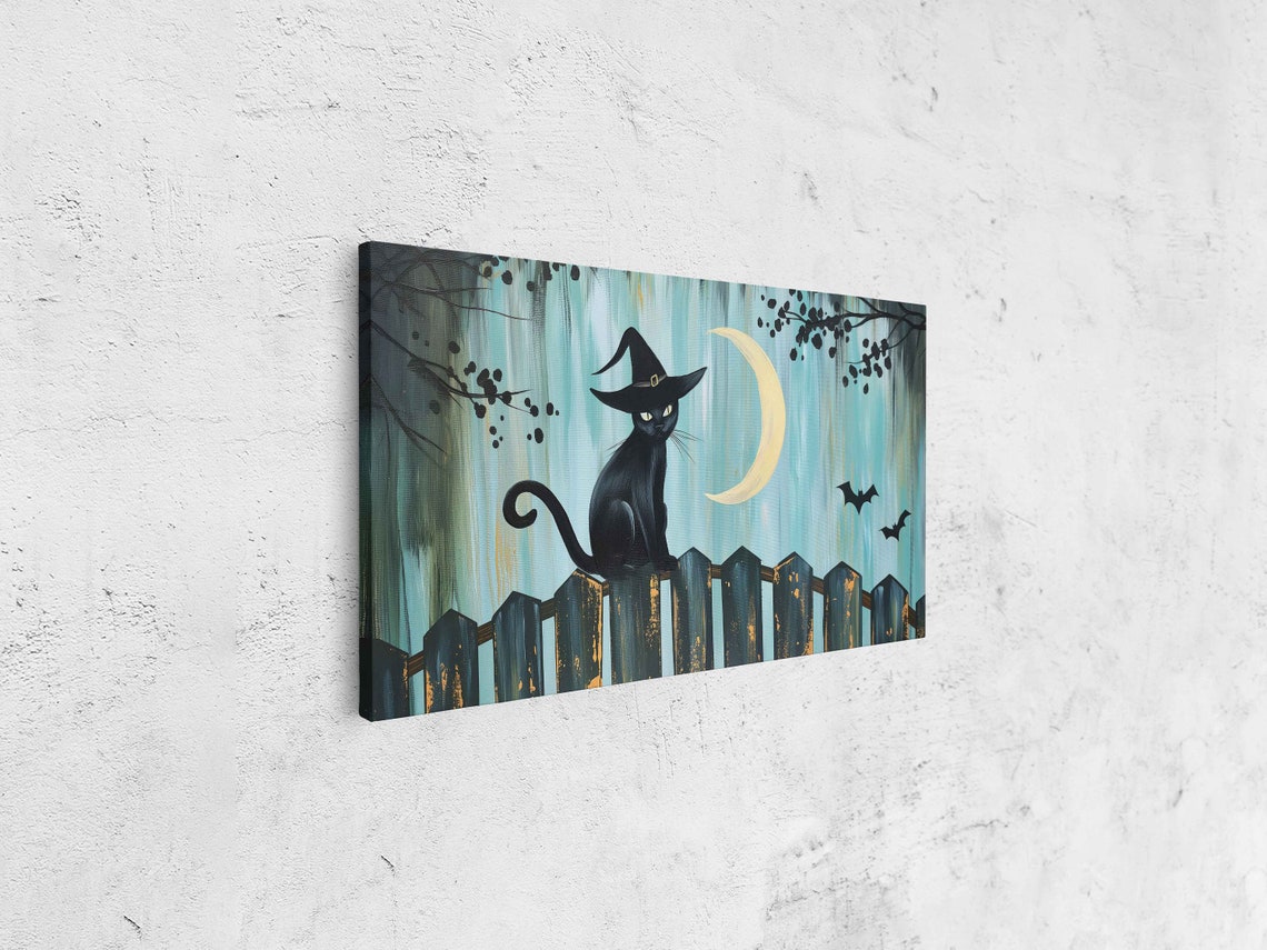 Black Cat Wearing Witch Hat Crescent Moon Night Halloween Wall Art - Image 4