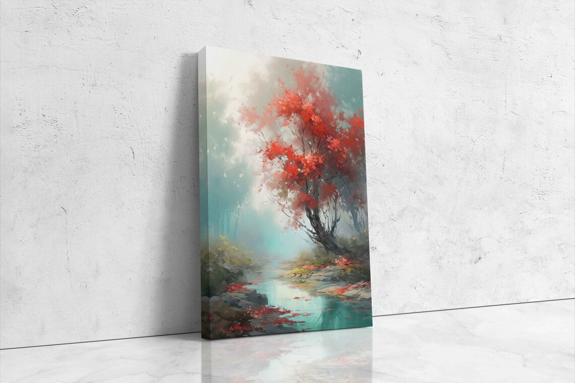 Beautiful Blossoming Tree On River Oil Painting Print On Read To Hang - Image 4