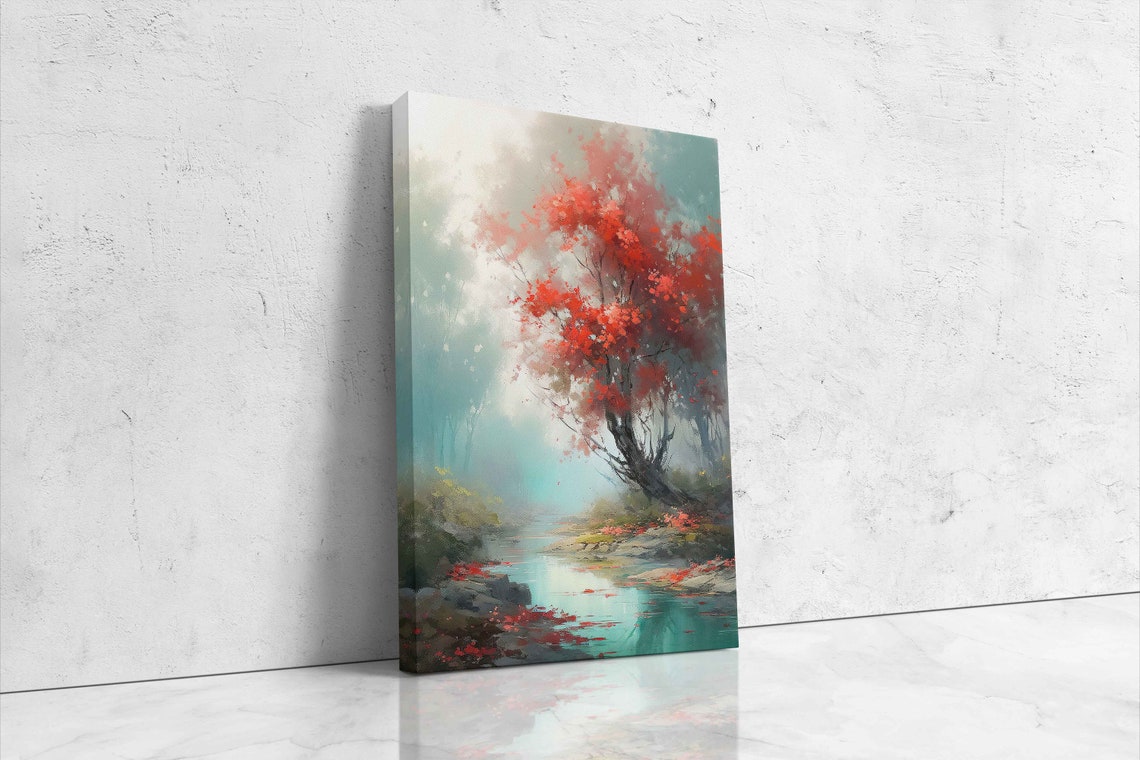 Red Blossom Tree By Misty River Soft Impressionist Nature Poster - Image 4