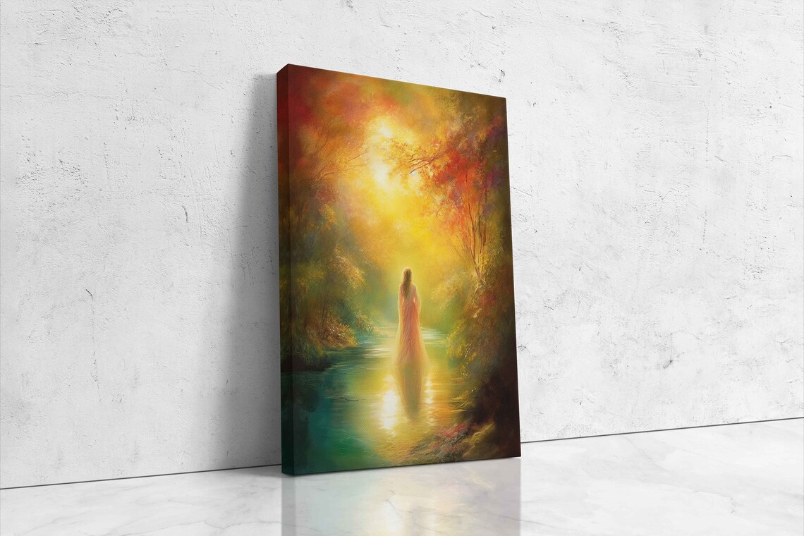 Woman Standing In River At Golden Sunrise Dreamy Forest Art Poster - Image 4