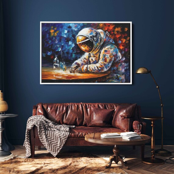 Astronaut At Bar Drinks Moody Colorful Palette Knife Oil Painting Art Print