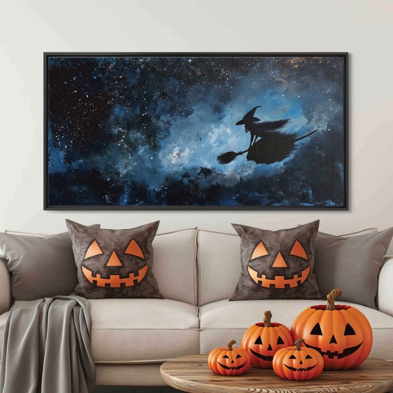 Witch Riding Broomstick Across Dark Starry Night Sky Acrylic Wall Art Print Halloween Wall Art Spooky Poster Ready To Hang