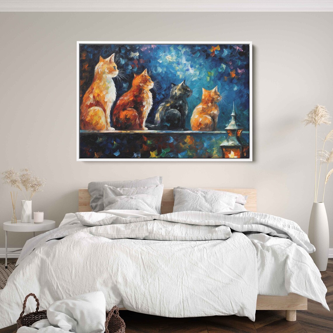 Four Stray Cats On Ledge Night City Lights Colorful Oil Painting Animal Poster - Image 3