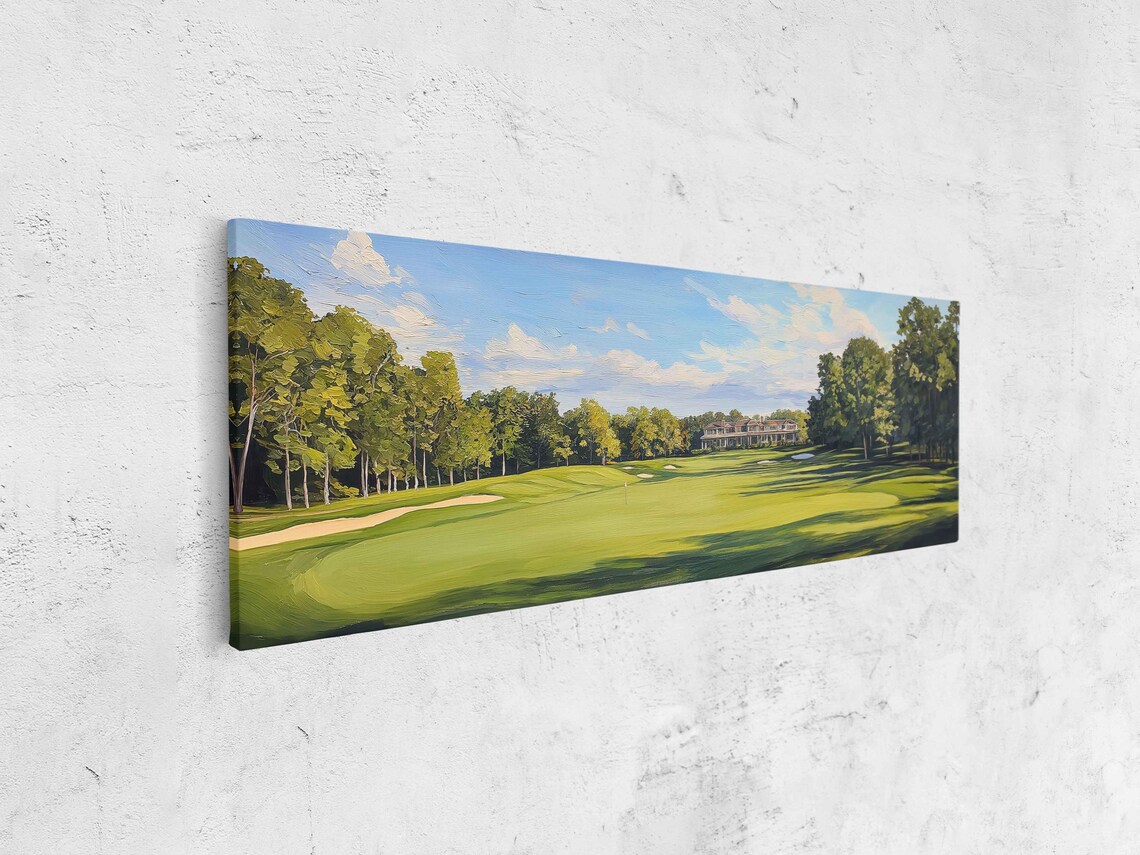 Wide Green Golf Fairway With Distant Clubhouse Sunny Painting Poster - Image 4