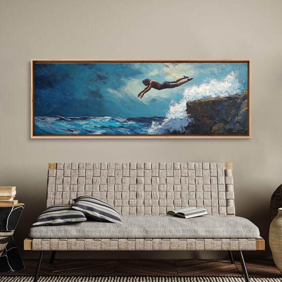 Cliff Diver Leaping Into Ocean Dramatic Waves Adventure Art Poster