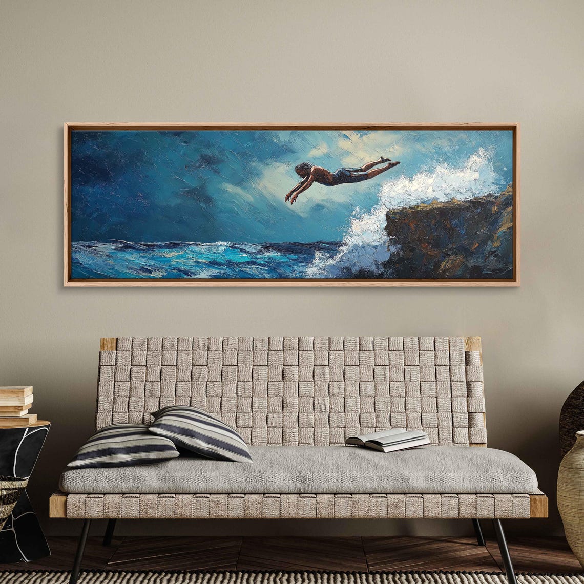 Cliff Diver Leaping Into Ocean Dramatic Waves Adventure Art Poster