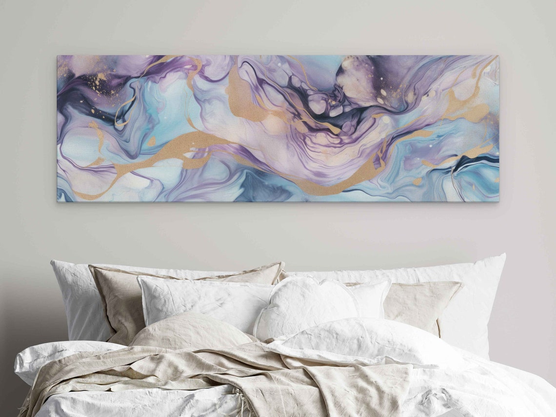 Purple Blue Gold Panoramic Marble Swirl Abstract Wall Art Poster