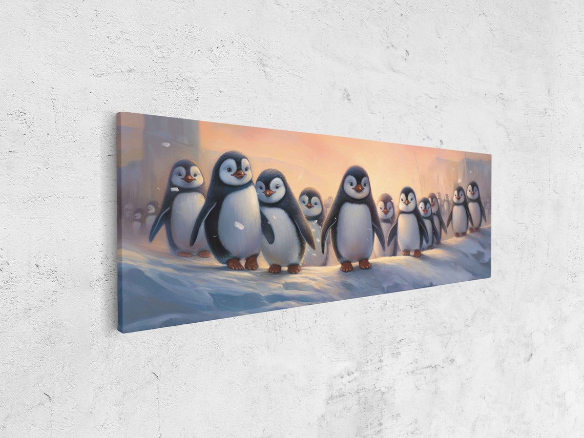Cute Arctic Penguins Snowy Panoramic Landscape Painting Print On Ready To Hang Penguin Nursery Wall Art - Image 4