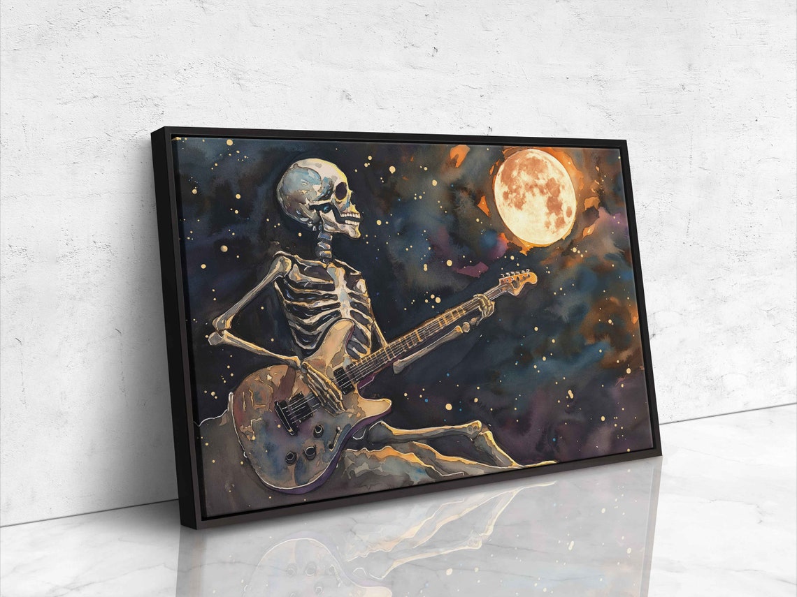 Skeleton Playing Electric Guitar Under Full Moon Starry Poster - Image 4