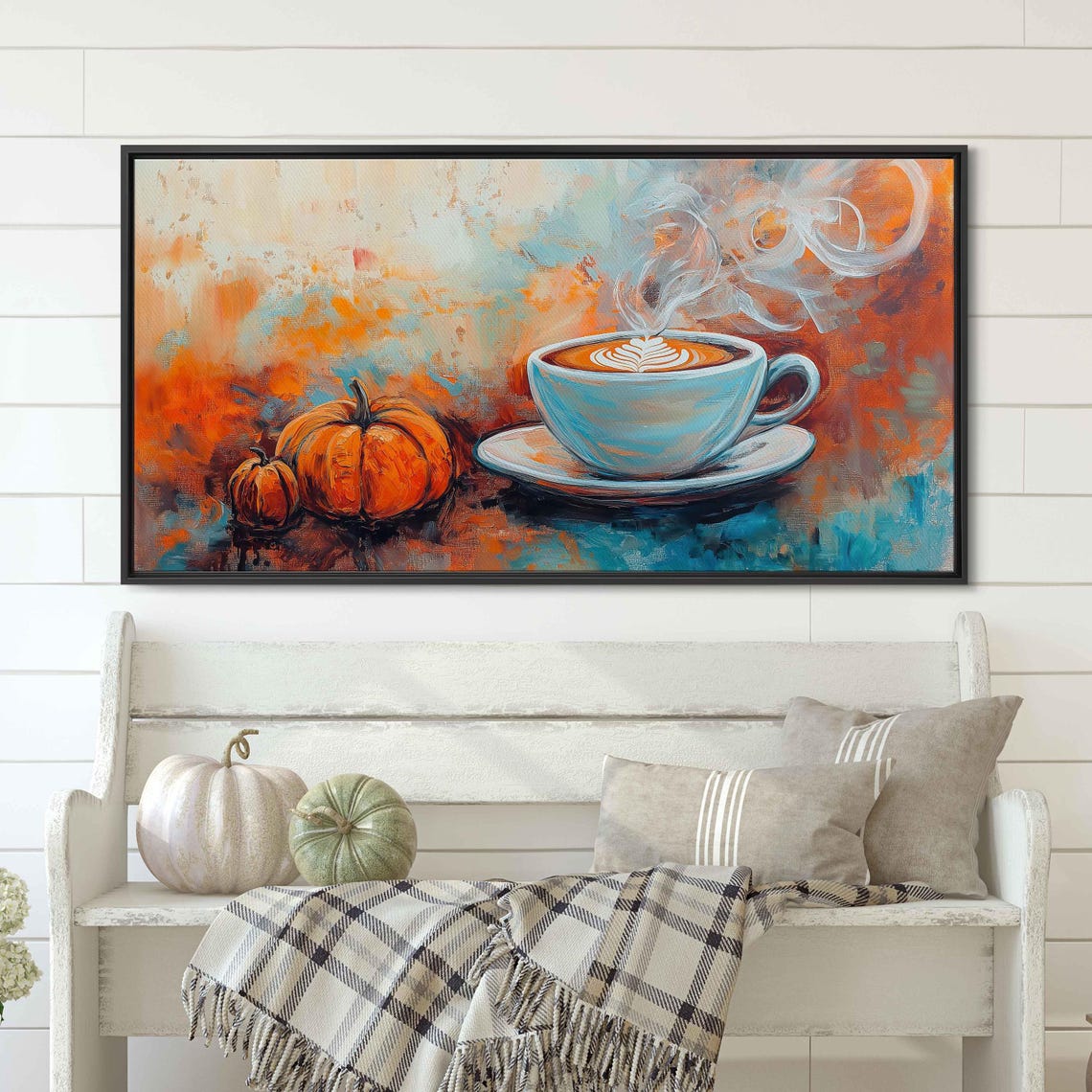 Steaming Turquoise Latte With Pumpkins Autumn Painting Art Print - Image 3