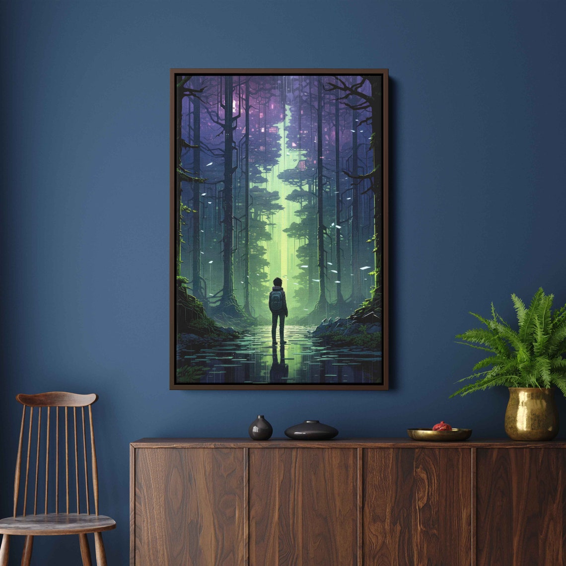 Boy In Glowing Fantasy Forest Neon Green Light Flooded Path Wall Art - Image 2