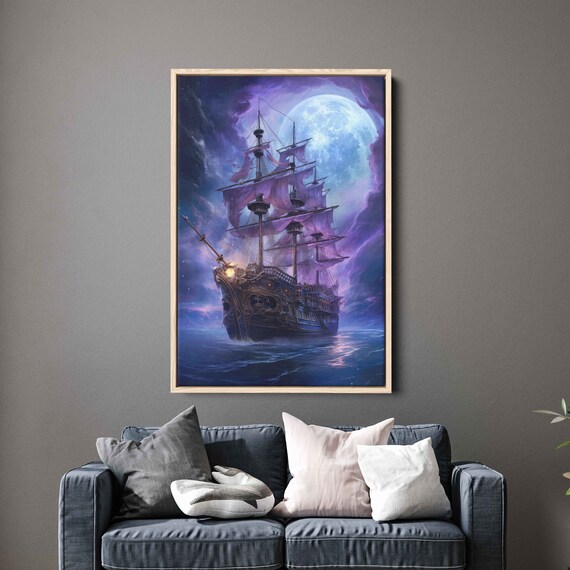 Pirate Galleon Full Moon Purple Night Sky Sailing Ship Fantasy Wall Art Poster