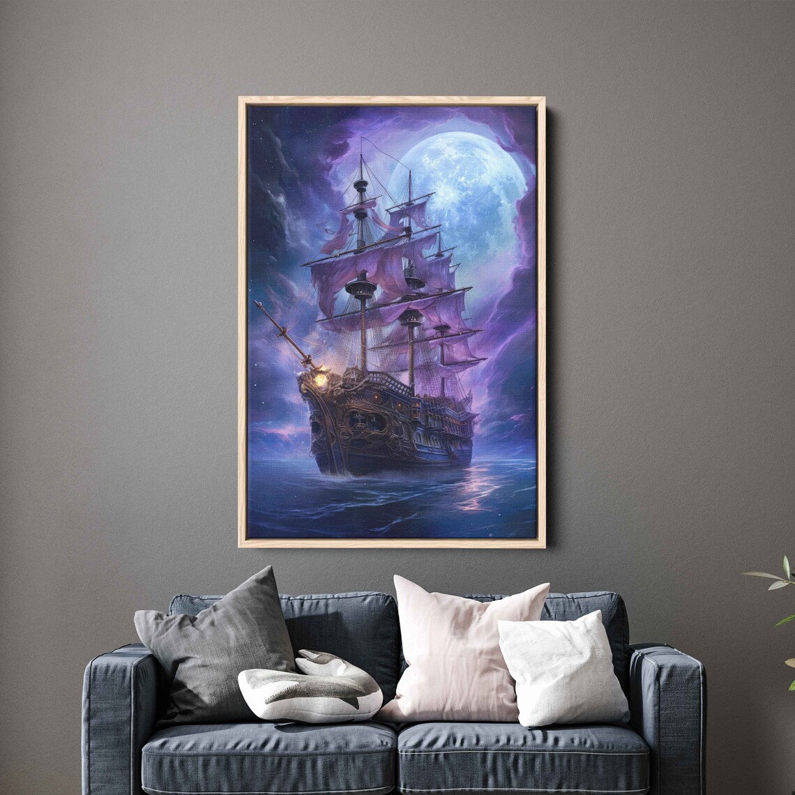 Pirate Galleon Full Moon Purple Night Sky Sailing Ship Fantasy Wall Art Poster