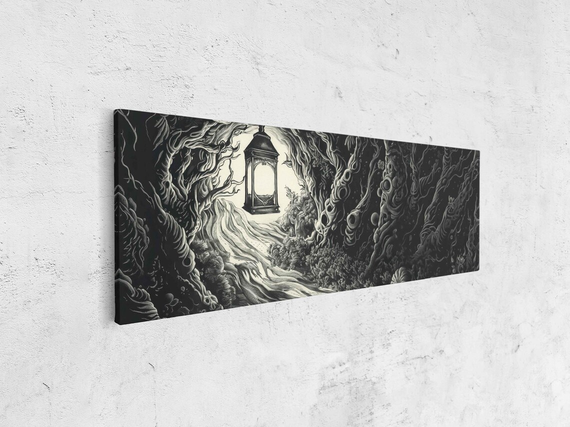 Gothic Lantern in Dark Twisted Forest Glowing Path Ink Halloween Poster - Image 4