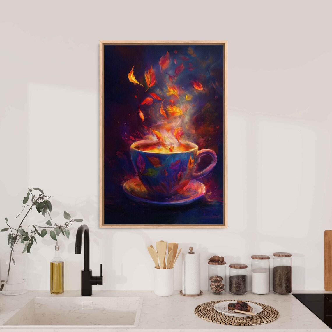 Magical Steaming Cup With Autumn Leaves Rising As Steam Dark Surreal Painting Poster - Image 3