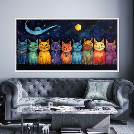 Whimsical Colorful Cats Crescent Moon Starry Night Panoramic Art Print