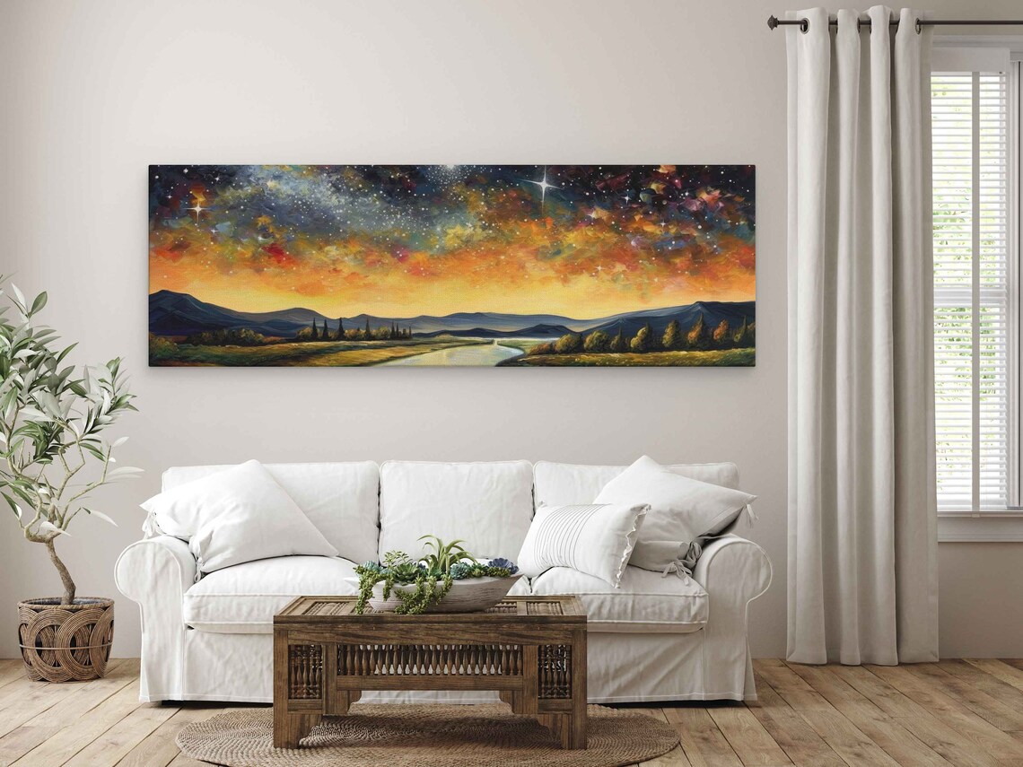 Starry Night River Valley Panoramic Golden Galaxy Sky Mountains Art Poster - Image 4
