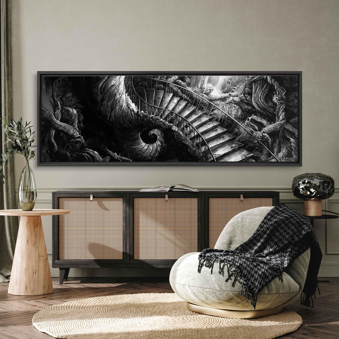 Gothic Spiral Staircase Twisted Roots Ghostly Figures Ink Art Halloween Poster - Image 3