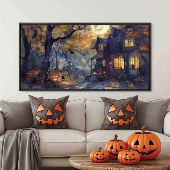 Cozy Moonlit Witches Cottage With Glowing Windows Black Cat And Bats Wall Art