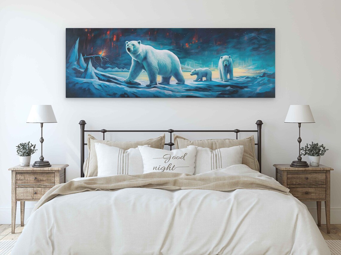 Polar Bear Family Crossing Arctic Ice Teal Twilight Sky Panoramic Art Poster - Image 3