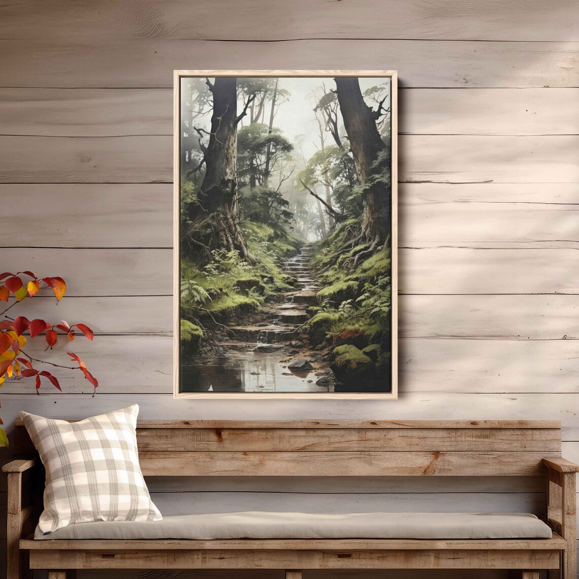Dense Foggy Forest Painting Wall Art Print Nature Steps Walkway Towering Trees Ready To Hang - Image 3