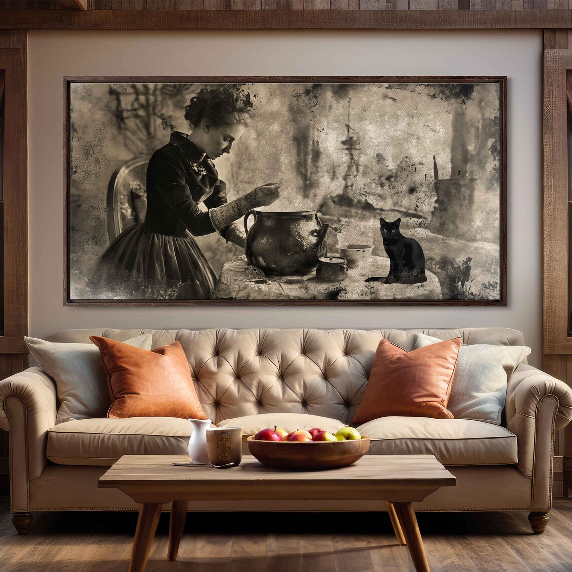 Vintage Witch Brewing Potion Cauldron Black Cat Sepia Photo Style Poster - Image 3
