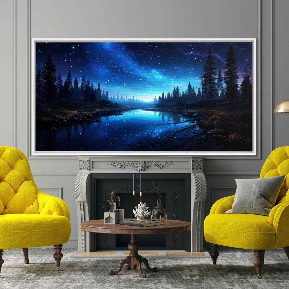 Glowing Night Sky Landscape Overlooking Woods Wall Art Print Peaceful Flowing River Celestial Reflection Ready To Hang - Image 3