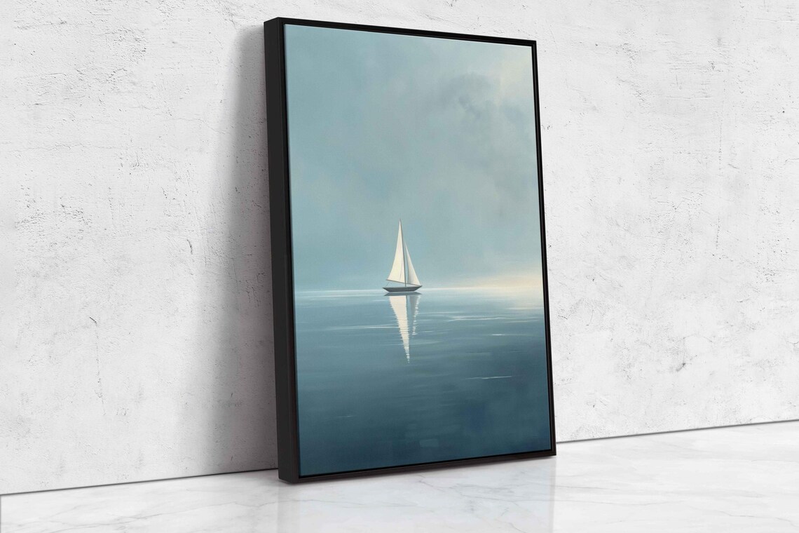White Sailboat On Glassy Teal Sea Perfect Reflection Art Poster - Image 4