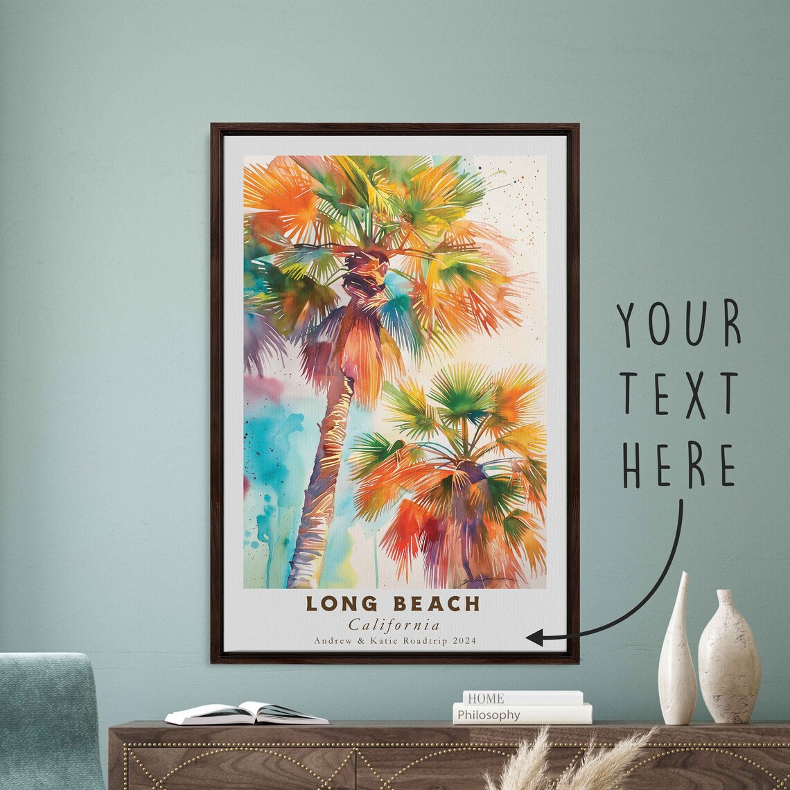 Long Beach California Colorful Watercolor Palm Trees Art Travel Poster - Image 3