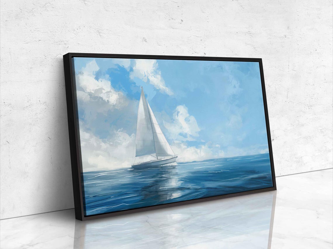 Sailboat With White Sails On Deep Blue Ocean Under Bright Sky Poster - Image 4