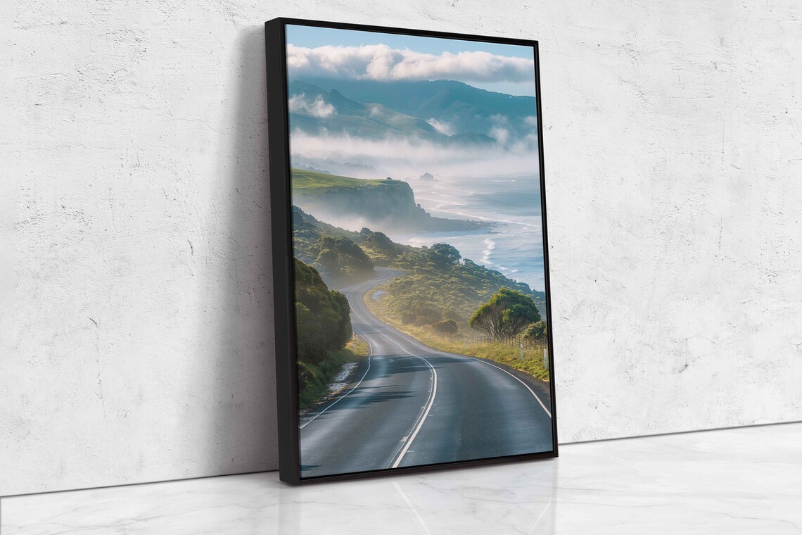 Misty Coastal Highway Winding Through Green Hills Above Ocean Travel Poster - Image 4