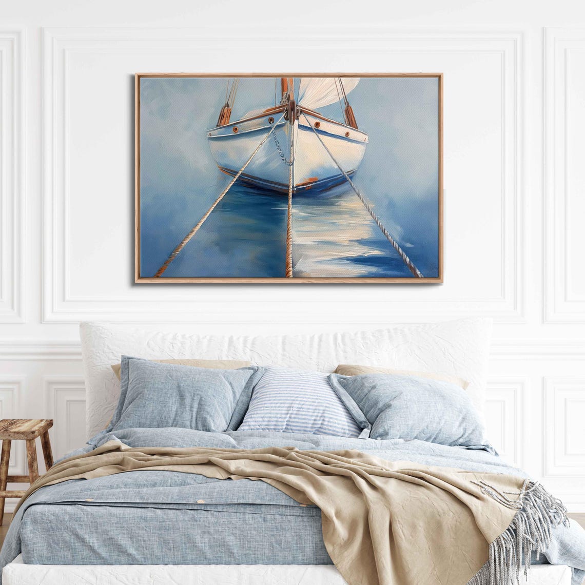Sailboat Bow Front View With Ropes On Mirror Calm Blue Water Poster