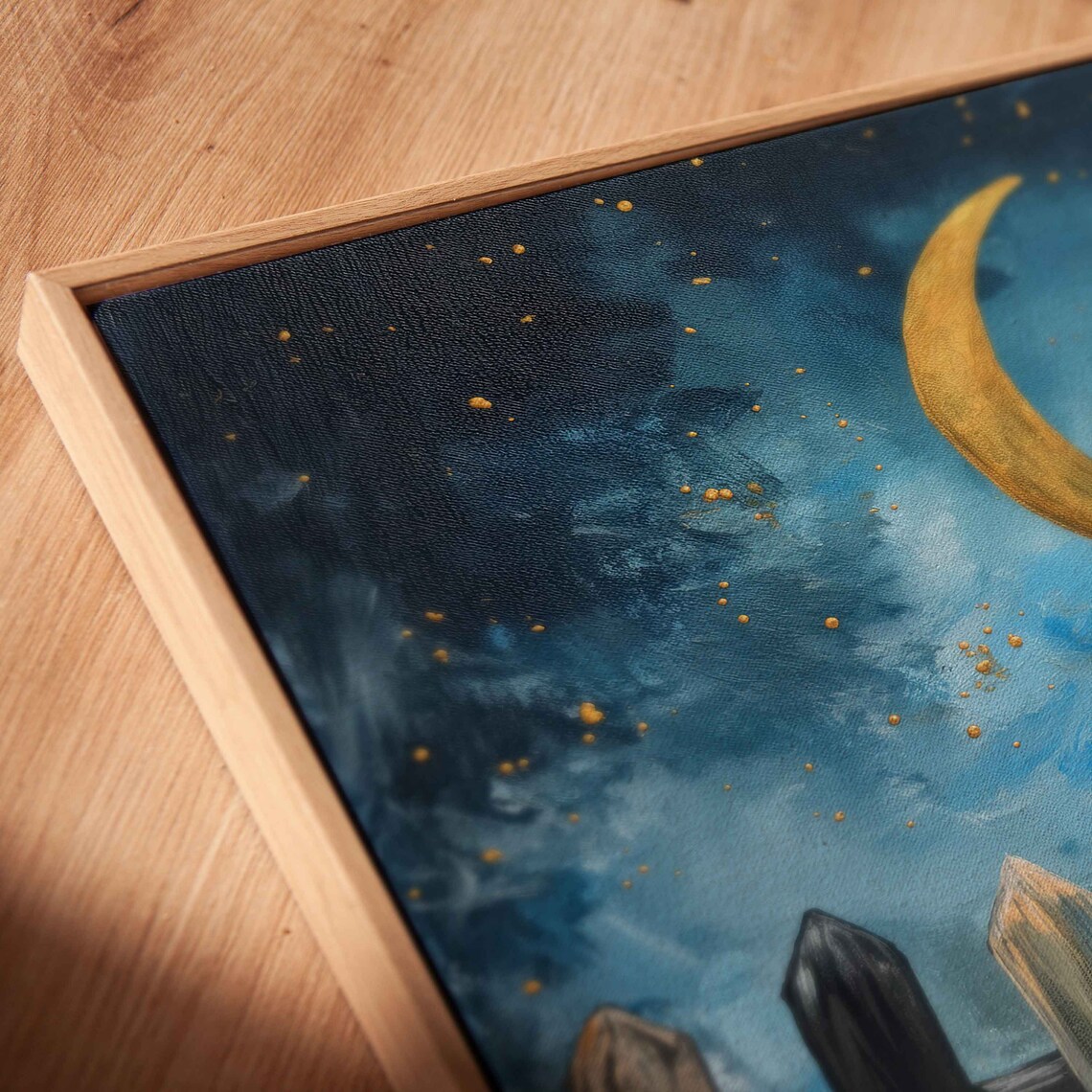 Black Cat in Witch Hat on Fence Crescent Moon Starry Night Wall Art - Image 2