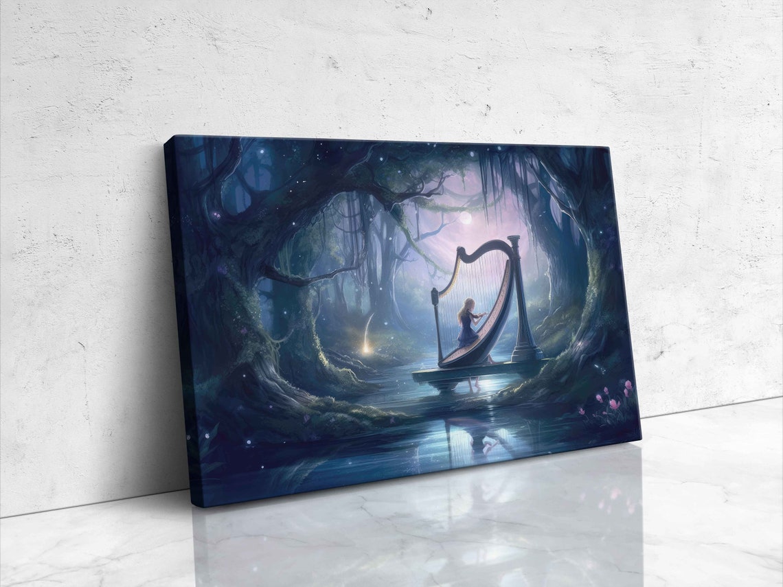 Fairy Playing Harp Moonlit Forest Mystical Water Fantasy Art Poster - Image 4