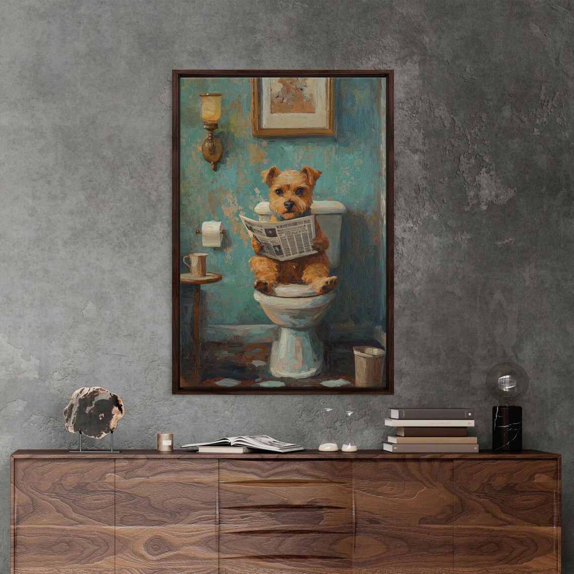 Terrier Dog Reading Newspaper On Toilet Vintage Bathroom Wall Art