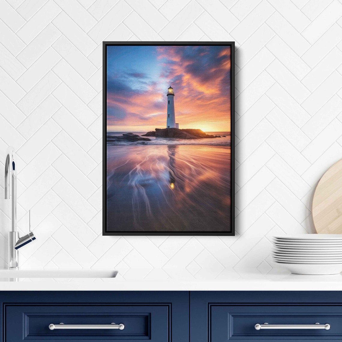 Golden Lighthouse Sunset Ocean Reflection Rocky Coast Poster