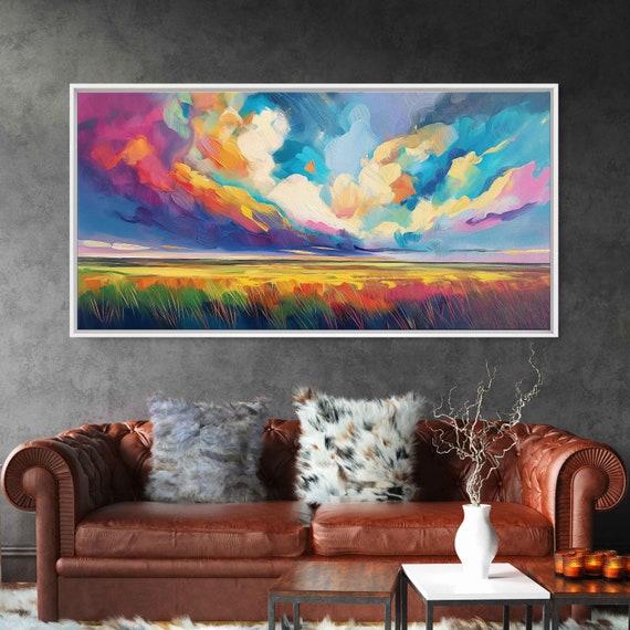 Colorful Clouds Over Open Wheat Field Oil Painting Wall Art Print Wonderful Housewarming Gift Ready To Hang Vivid Colors