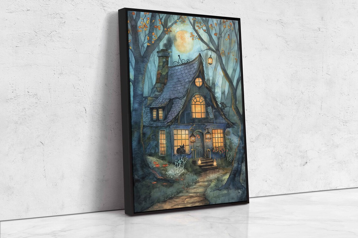 Moonlit Witches Cottage With Glowing Windows Black Cat In Autumn Forest Print - Image 4