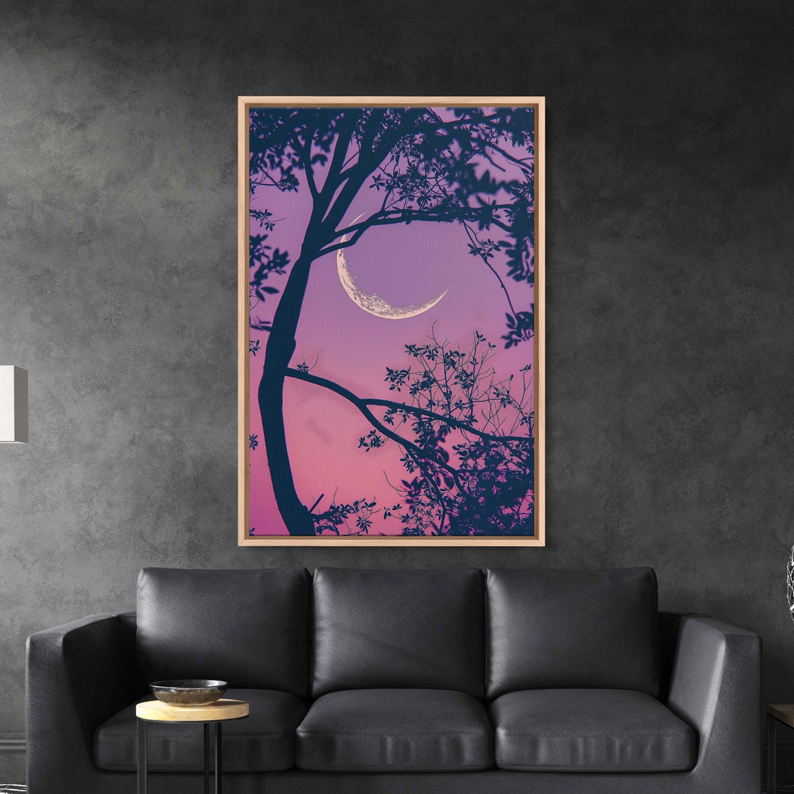 Crescent Moon Shown Through Tree Branches Wall Art Print Vibrant Pink Sky Nature Painting Ready To Hang - Image 2
