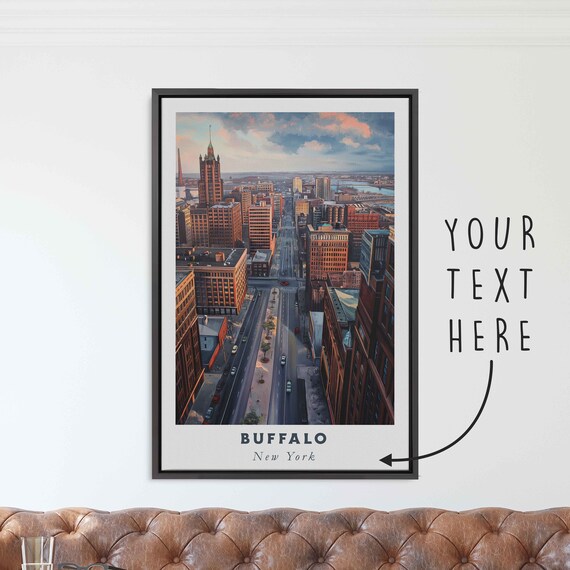 Buffalo New York Downtown Street Historic Towers Sunset View Travel Poster