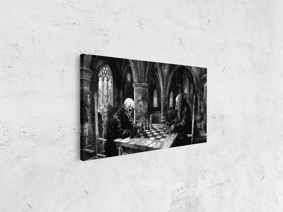 Skeleton And Ghoul Playing Chess In Gothic Hall Dark Spooky Ink Poster - Image 4